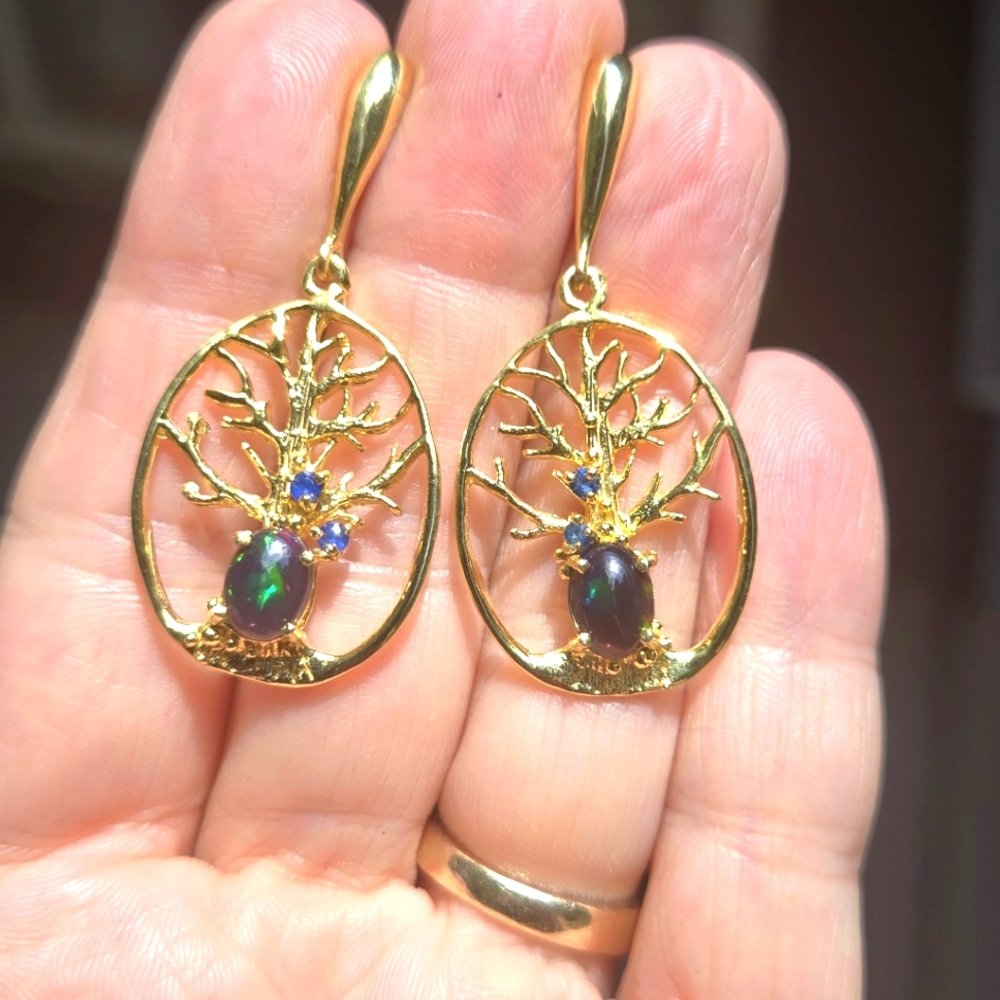 Opal & Sapphire Tree of life sterling & gold earrings - Picture 1 of 9